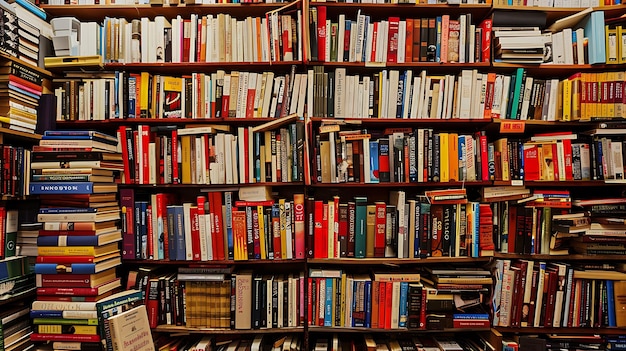 A large wooden bookshelf filled with a variety of books both old and new