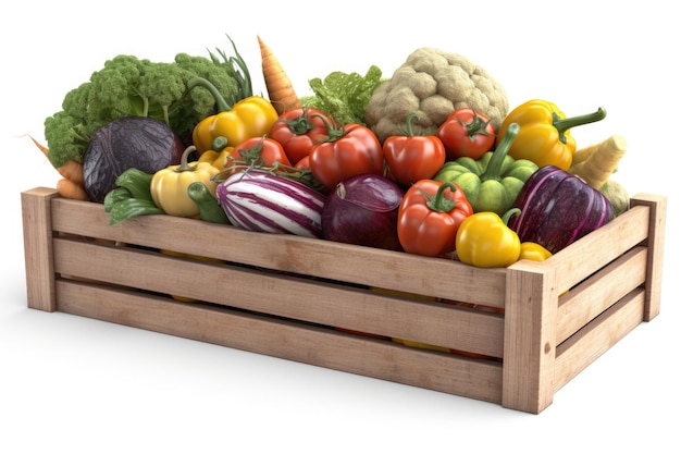 A large wooden box full of fresh organic vegetables