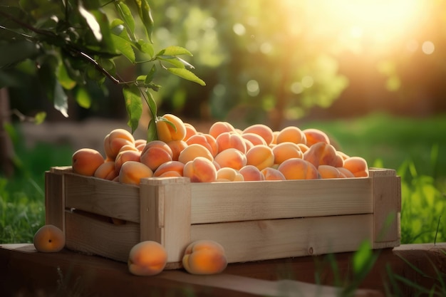 Large wooden box with ripe harvests of beautiful apricot fruits in the garden on a sunny day