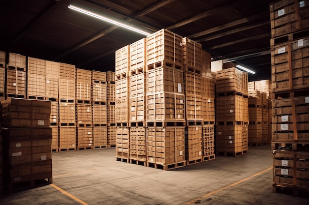 Photo large wooden boxes warehouse of spare parts for machines and mechanisms production o generative ai