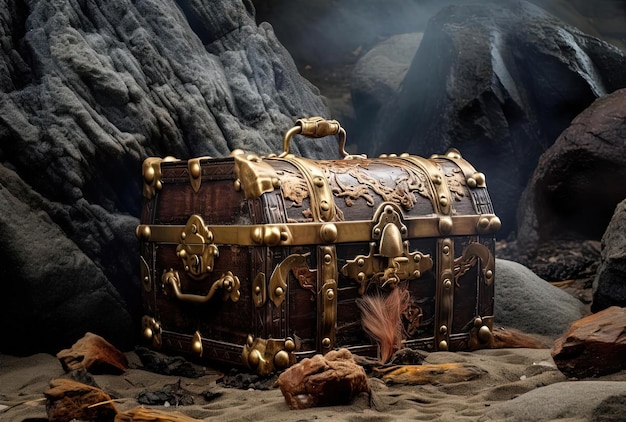 Photo a large wooden chest sand and rocks on the ground