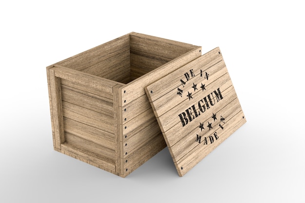 Large wooden crate with Made in Belgium text on white background. 3D rendering