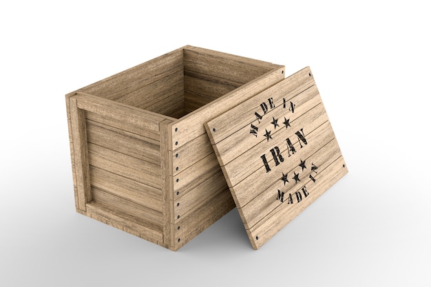 Large wooden crate with Made in Iran text on white background. 3D rendering