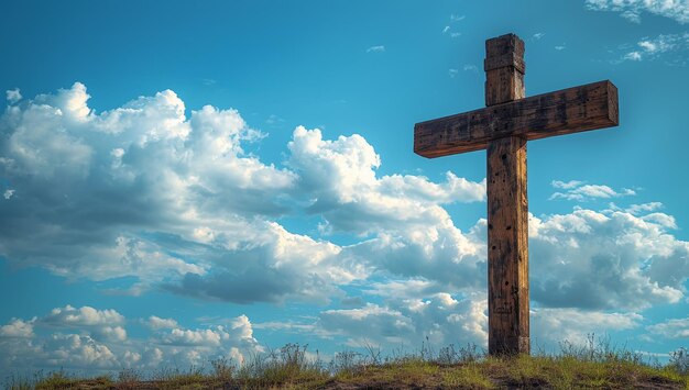Большой деревянный крест на холме с облаками за ним