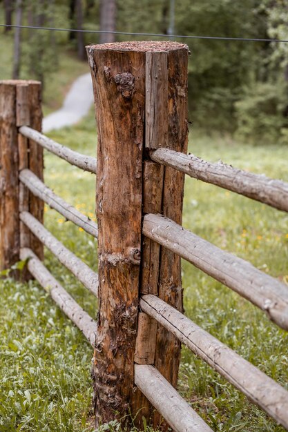 Grandi pali di recinzione in legno che racchiudono una vecchia casa di legno nella foresta come le persone costruivano le case