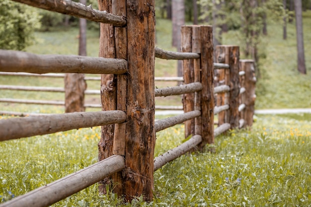 Large wooden fence posts that enclose an old wooden house in the forest How people built houses