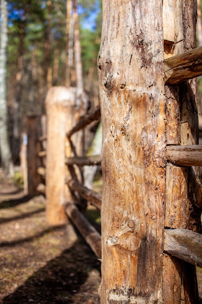 Large wooden fence posts that enclose an old wooden house in forest