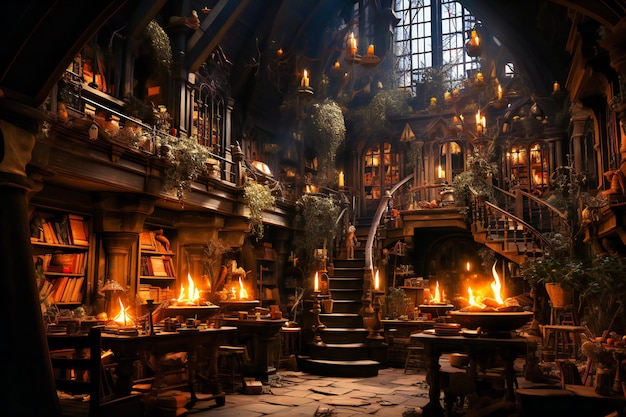 A large wooden library filled with candles