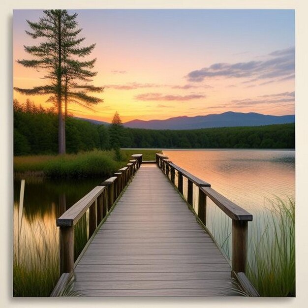 Photo large wooden pond over the lake of the natural park 'el hondo' at sunset