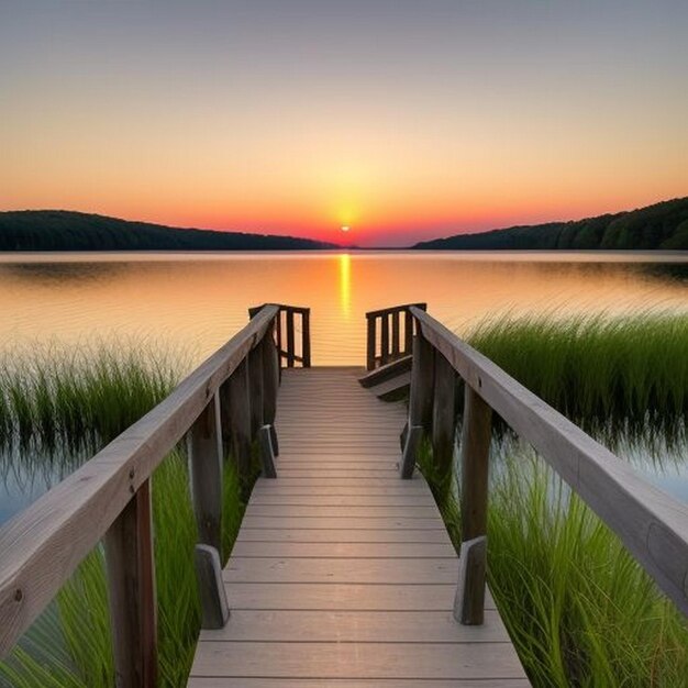 Photo large wooden pond over the lake of the natural park 'el hondo' at sunset