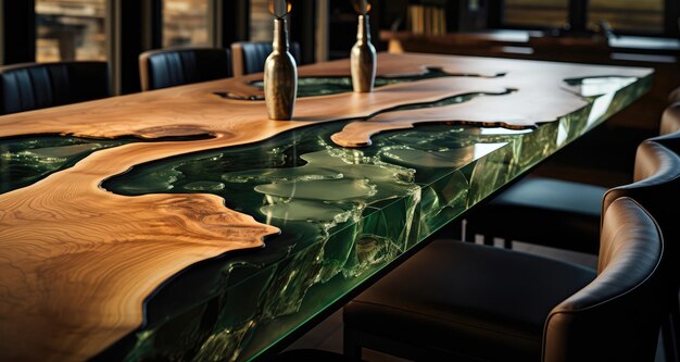 高価なオフィスの自然な木目模様の木とガラスの大きな木製テーブル生成 AI