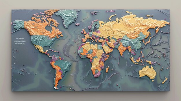 Foto una grande mappa del mondo con foglio d'oro su uno sfondo blu scuro generativo ai