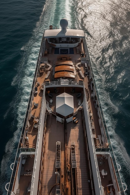 A large yacht is seen from above, with the sun shining on the top right.