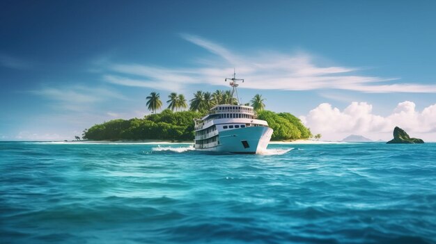 A large yacht sails on the sea in the morning sun a tropical island with palm trees AI generated