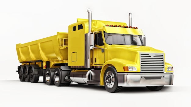 Large yellow American truck with a trailer type dump truck for transporting bulk cargo on a white background. 3d illustration.