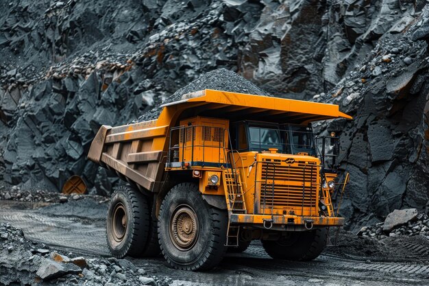 Photo large yellow coal mining truck in open pit quarry for extractive industry operations