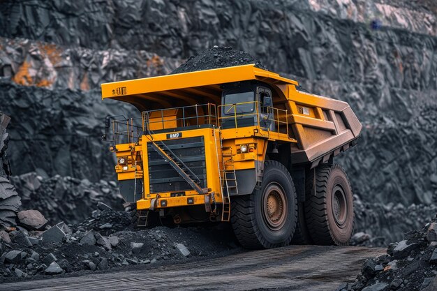 Photo large yellow coal mining truck in open pit quarry for extractive industry operations