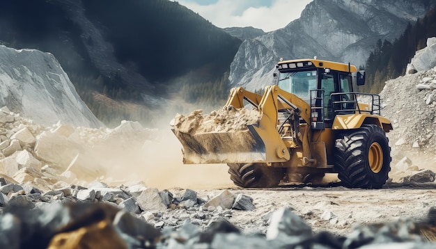 A large yellow construction vehicle is driving through a rocky mountain pass