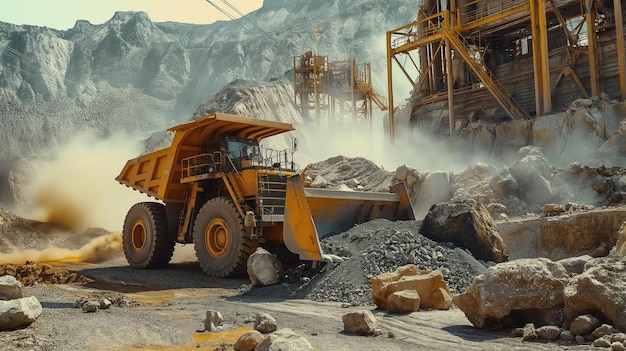 a large yellow dump truck is driving through a rocky area
