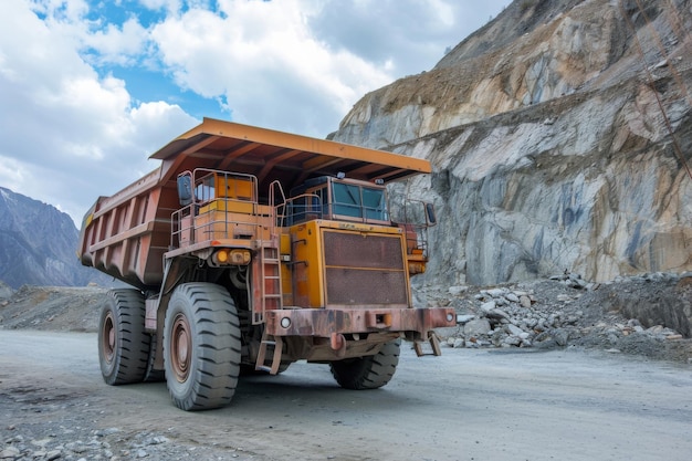 Photo large yellow dump truck parked in front of quarry