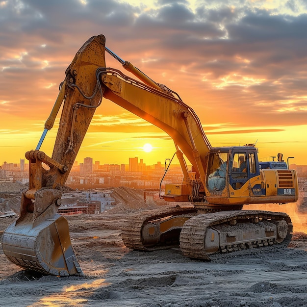 A large yellow excavator is parked on a construction site with the sun setting in the background