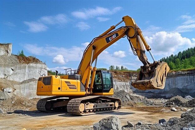 Photo a large yellow excavator sitting on top of a pile of dirt