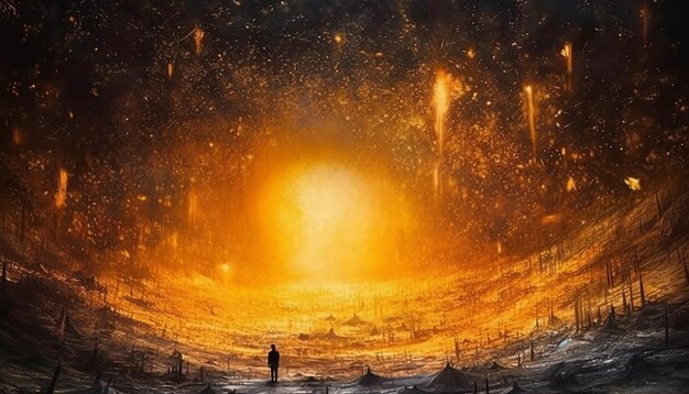 a large yellow fire on an orange background in the style of futuristic spaces capes