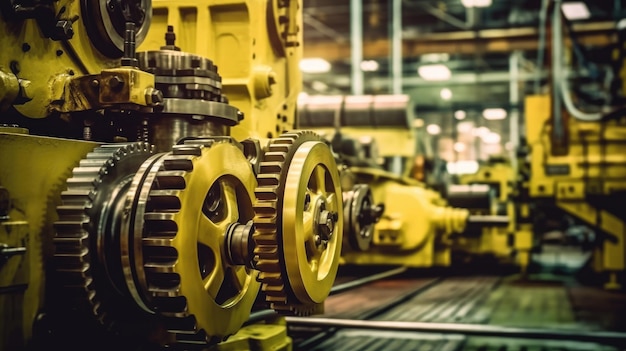 A large yellow machine with gears on the wheels