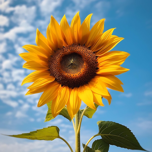 A large yellow sunflower with a blue sky behind it.
