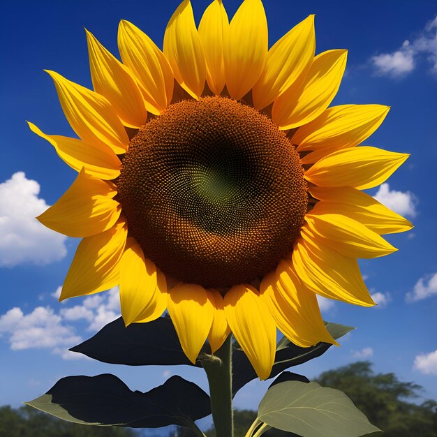 A large yellow sunflower with a blue sky behind it.