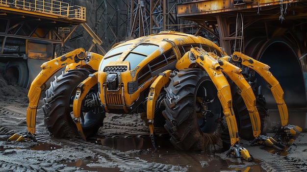 Large yellow vehicle with spiderlike legs sits in a muddy junkyard