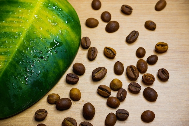Large yellowgreen leaf and coffee grains scattered on a white background