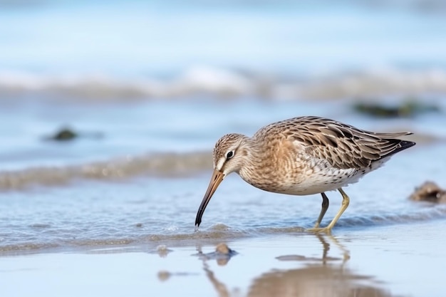 Крупноклювая дикая морская птица Dowitcher ищет пищу на берегу моря летом