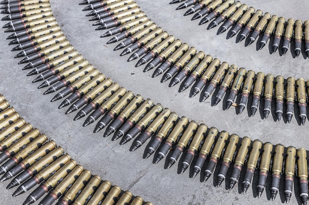 Photo largecaliber cartridges of 30 caliber in belts for automatic guns used in machine guns