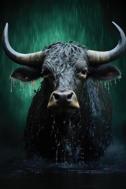 A largehorned bull stands in water with a splash Generative AI