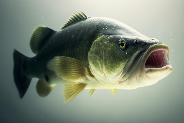 A largemouth bass is in the water with a mouth open.