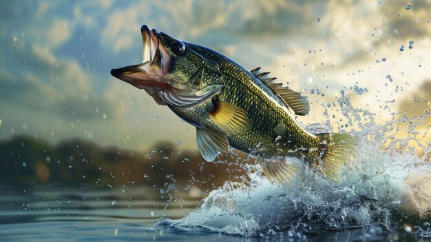a largemouth bass jumping out of the water with a blue and white sky in the background aiga