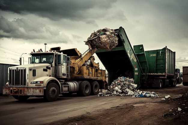 Photo largescale recycling operation with trucks bringing in and taking away recyclables