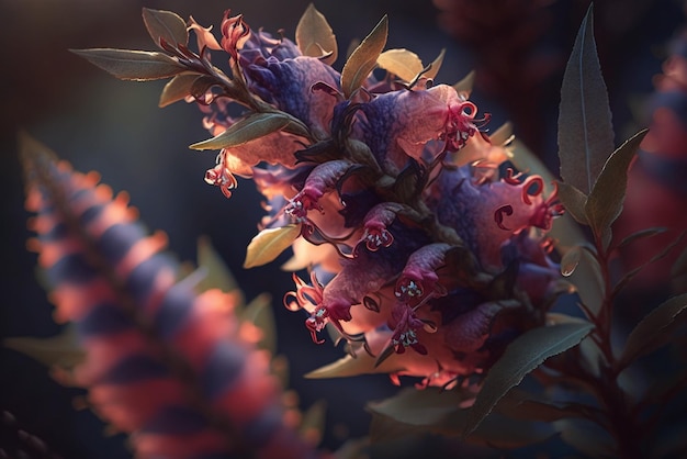 Larkspur Tree Branch with Crimson Glowing Flowers Blossoming in Summertime