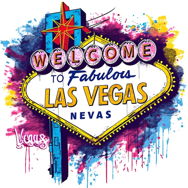 Las Vegas-tekst met flitsende en neonverlichte typografie Design St aquarel Lanscape Arts Collection