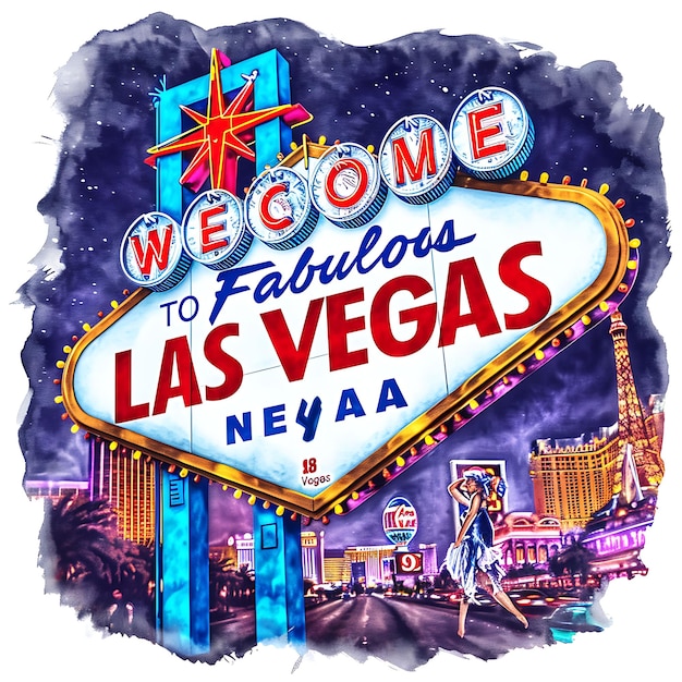 Las Vegas-tekst met flitsende en neonverlichte typografie Design St aquarel Lanscape Arts Collection