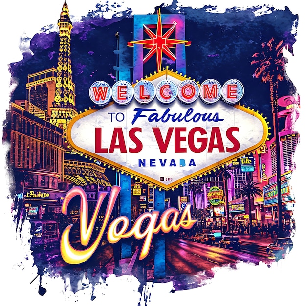 Las Vegas Text With Flashy and Neon Lit Typography Design St Watercolor Lanscape Arts Collection