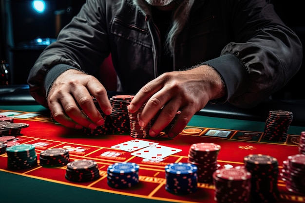 Las Vegas Wetten Het plaatsen van een succesvolle weddenschap in Poker Game 5 met chips en kaarten aan de casino tafel