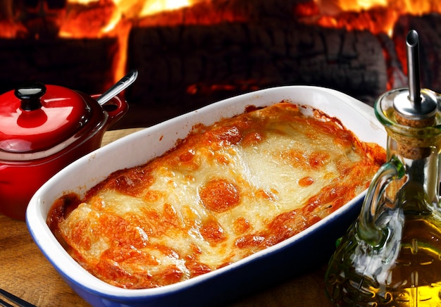 Lasagna baked in a wood oven