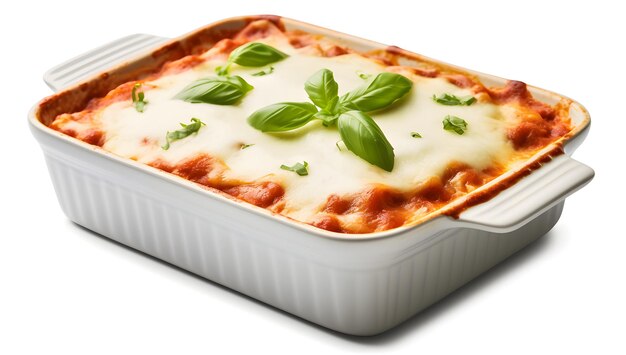 Lasagna in baking dish isolated on transparent or white background