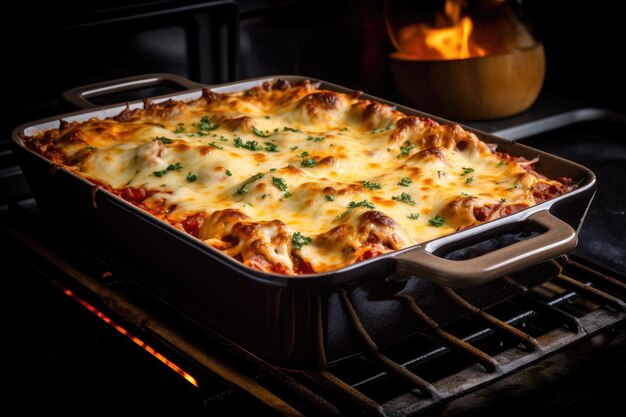 Foto lasagne cotte al forno con formaggio che si scioglie e salse che gorgogliano