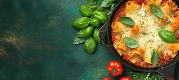 lasagna basil banner free space text mockup fast food top view empty professional phonography