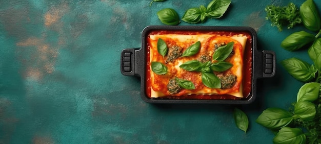 lasagna basil banner free space text mockup fast food top view empty professional phonography