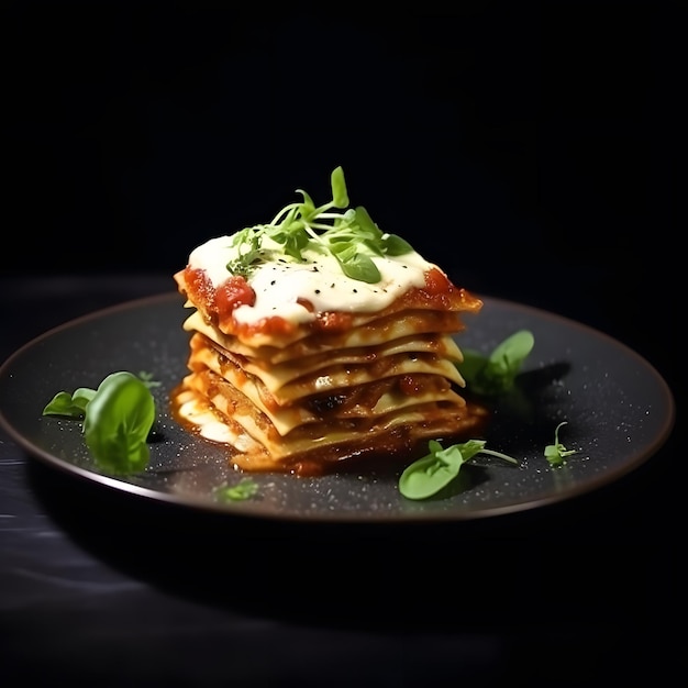 Lasagna on the black plate restaurant style photo top view