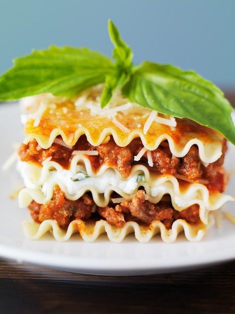 lasagna dinner with meat sauce and basil